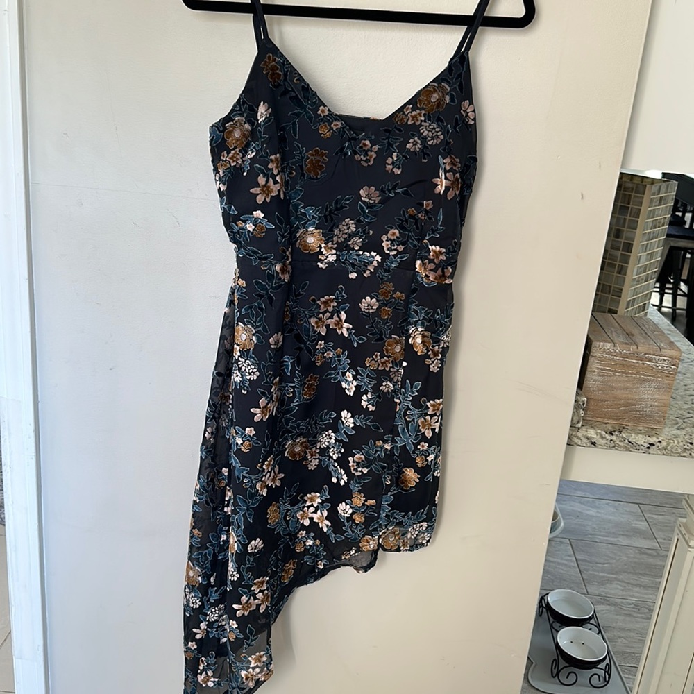 Navy blue dress with tan ish velvet flowers